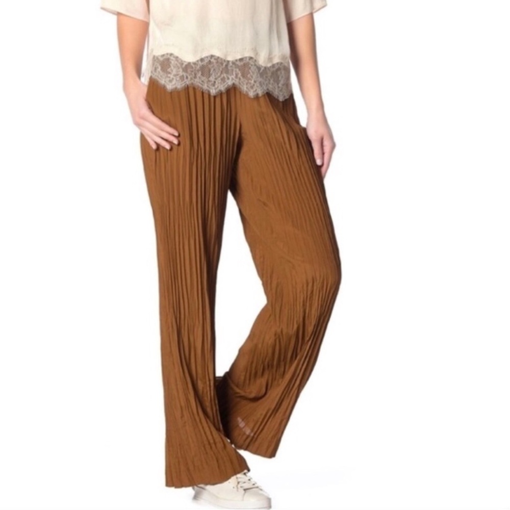 VINCE Crinkle Wide Leg Pants Brown High Waist Pull On Lightweight Size 3X XXXL